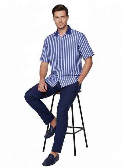 Men’s Blue and White Vertical Stripe Short Sleeve Shirt Set – Casual Summer Two-Piece Outfit 4   - from alligatorwarehouse.com