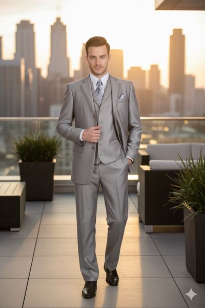 Men’s Light Gray 3-Piece Modern Fit Suit with Vest – Classic Formal Business and Wedding Attire 4   - from alligatorwarehouse.com