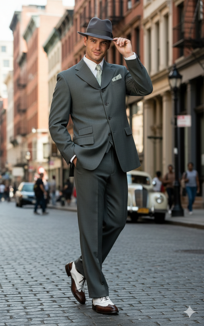 Men’s 1920s Gray Zoot Suit  – 4 Buttons  Gangster Wide Lapel Long Jacket 3-Piece Suit in Grey Color Classic Fit Pleated Pants 4   - from alligatorwarehouse.com