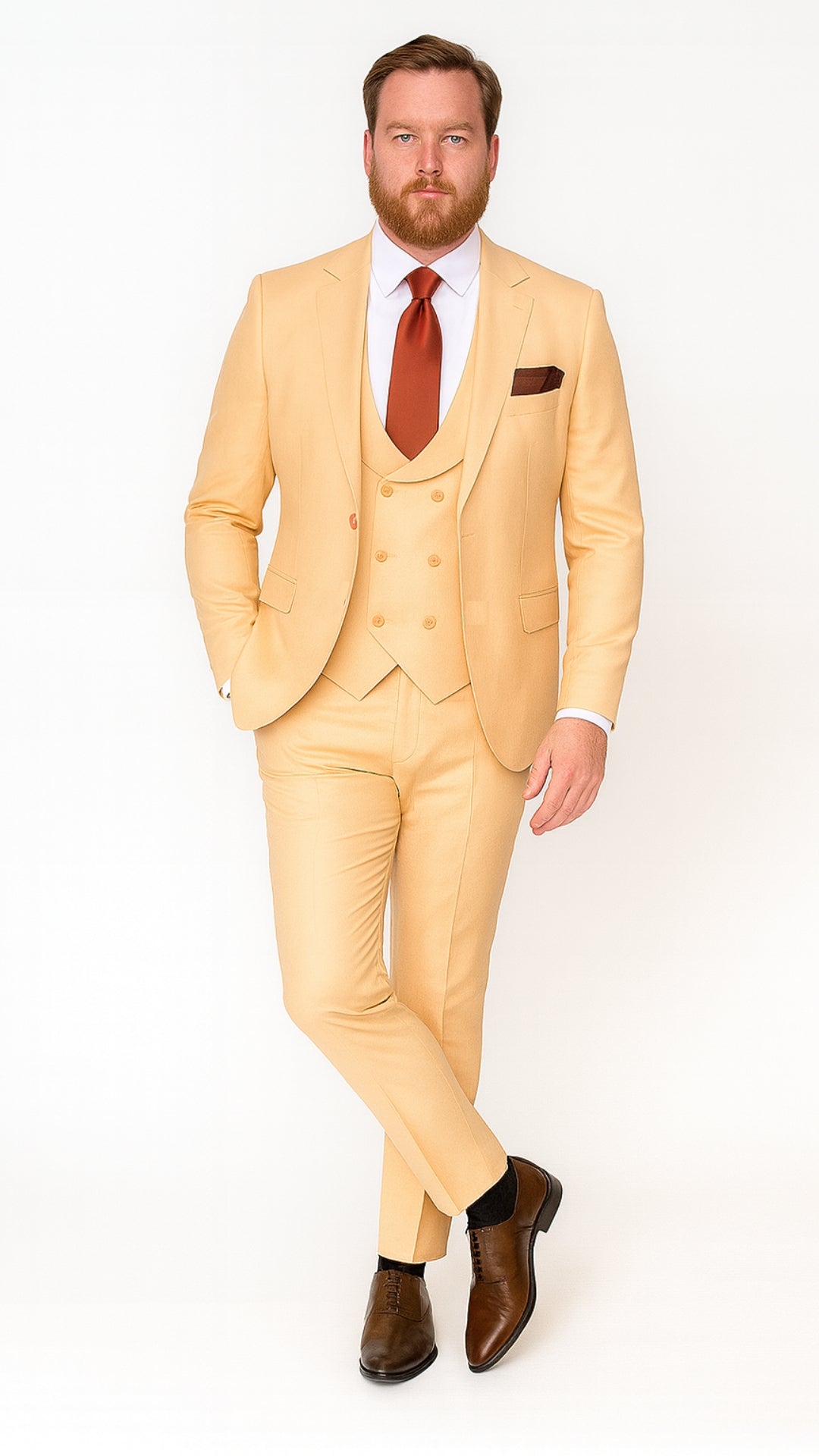 Mens Peach 3-Piece Suit – Double-Breasted Vest, Notch Lapel Blazer, Slim Fit Dress Pants