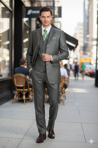 Men’s Olive Green 3-Piece Suit – Classic Fit with Vest and Tie Pleated Pants Three Buttons 4   - from alligatorwarehouse.com
