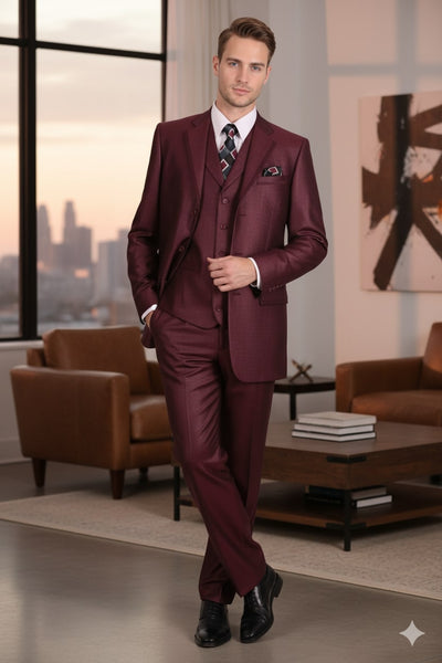 Mens Burgundy 3-Piece Suit – Burgundy Three Buttons Vested Suit - Pleated Pants Classic Fit Athletic Cut 4   - from alligatorwarehouse.com
