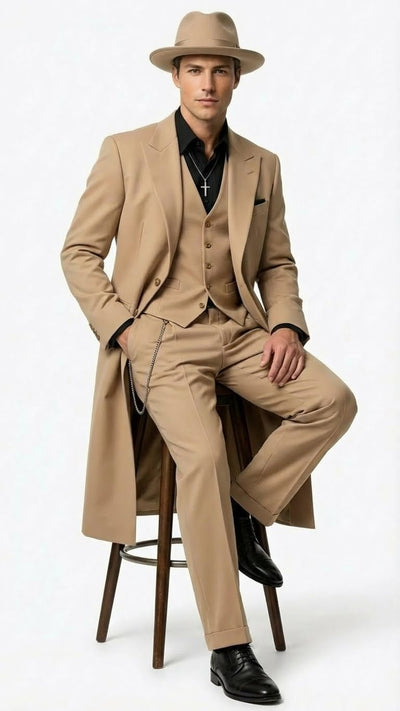 Men’s 1920s Beige Zoot Suit – Long Mafia Gangster Three-Piece Suit in Tan Khaki Color 40 inch Zuit Pachuco Suit 4   - from alligatorwarehouse.com