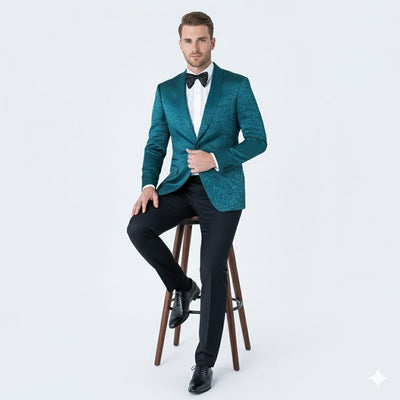 Mens Teal Blue Paisley Tuxedo Jacket – Elegant Shawl Lapel Dinner Blazer for Weddings, Prom and Formal Events - Greenish Blue 4   - from alligatorwarehouse.com