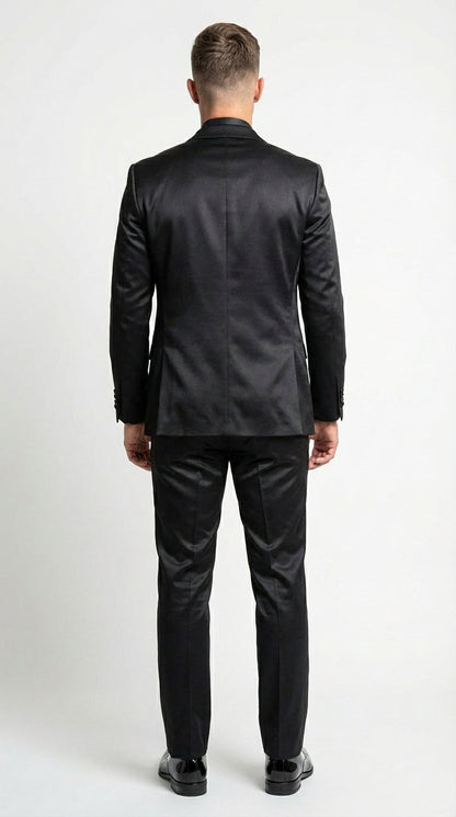 Men’s All Shiny Black Satin Suit – Black Satin Tuxedo Suit for Prom, Wedding, Formal Party and Evening Events Double breasted Vest