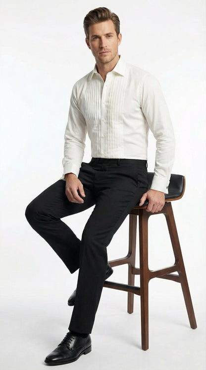Men’s Ivory Cream Off White  Pleated Tuxedo Dress Shirt | French Cuff Formal Wedding Shirt