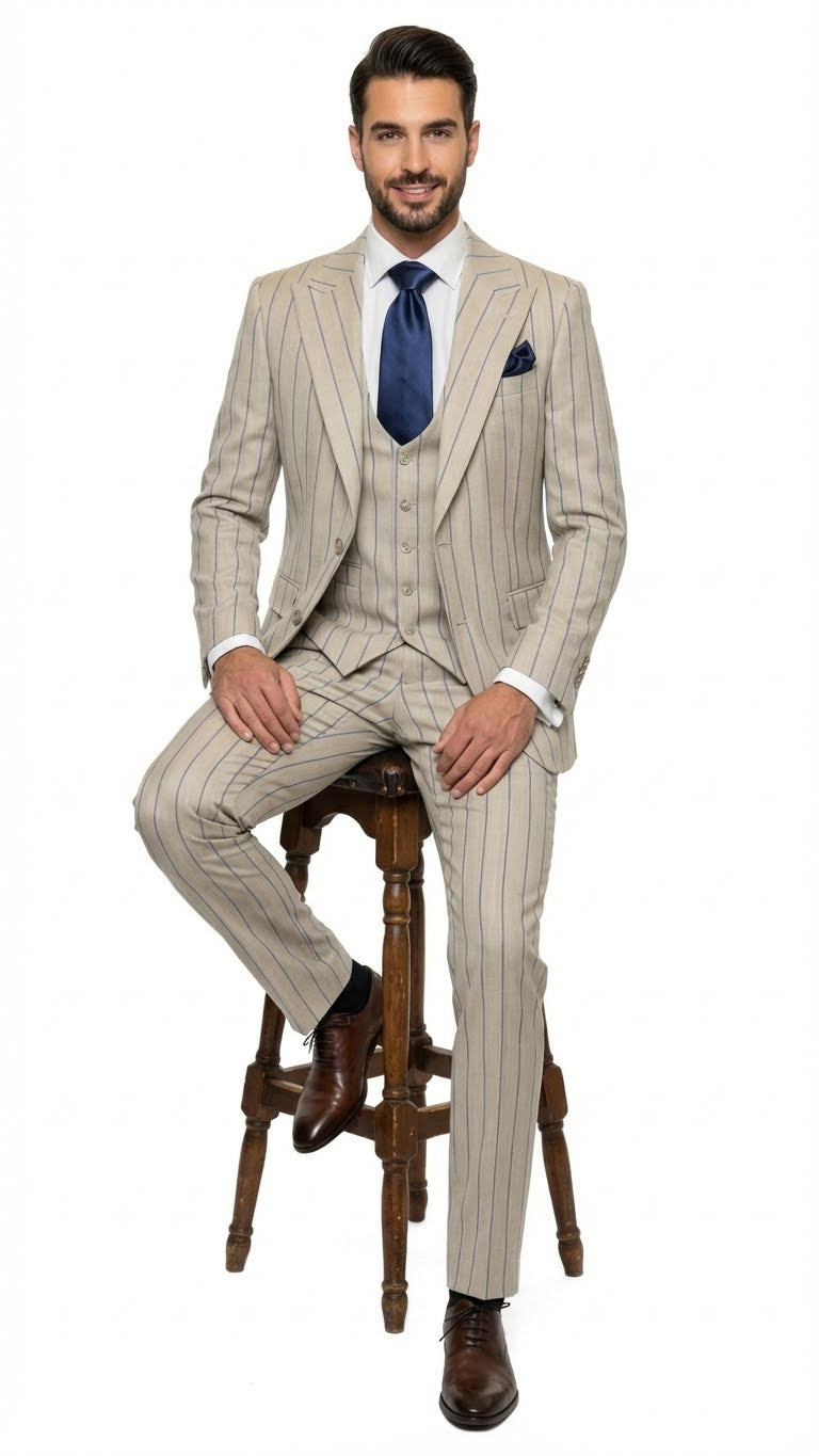 Men's Beige with blue Pinstripe Three-Piece Suit with Vest by Rossiman Vested Peak Lapel in Tan Stripe 1920s style