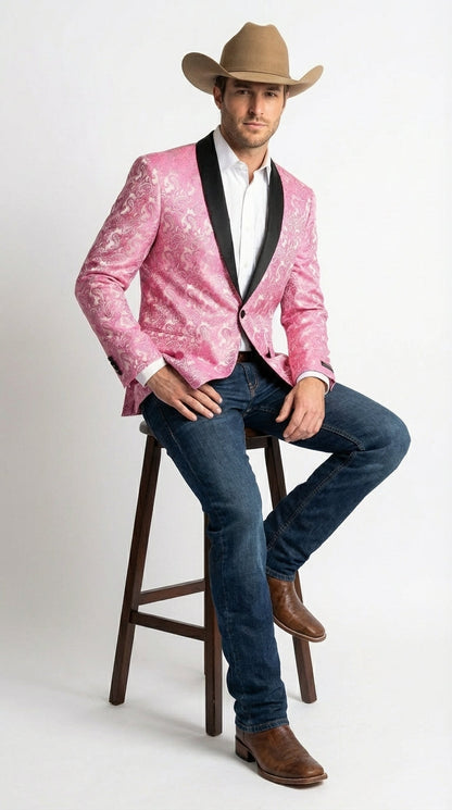 Mens Hot Pink Paisley Western Blazer Jacket – Stylish Pattern Formal Blazer with Black Shawl Lapel for Party, Wedding Cowboy Sportcoat