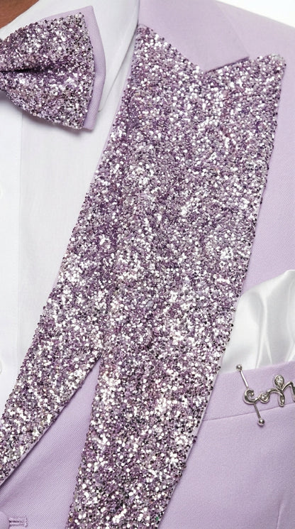 Men’s Lilac Suit with Silver Glitter Sequin Lapel – Lilac and Silver Formal Tuxedo Suit for Prom, Wedding  Lavender Tuxedo