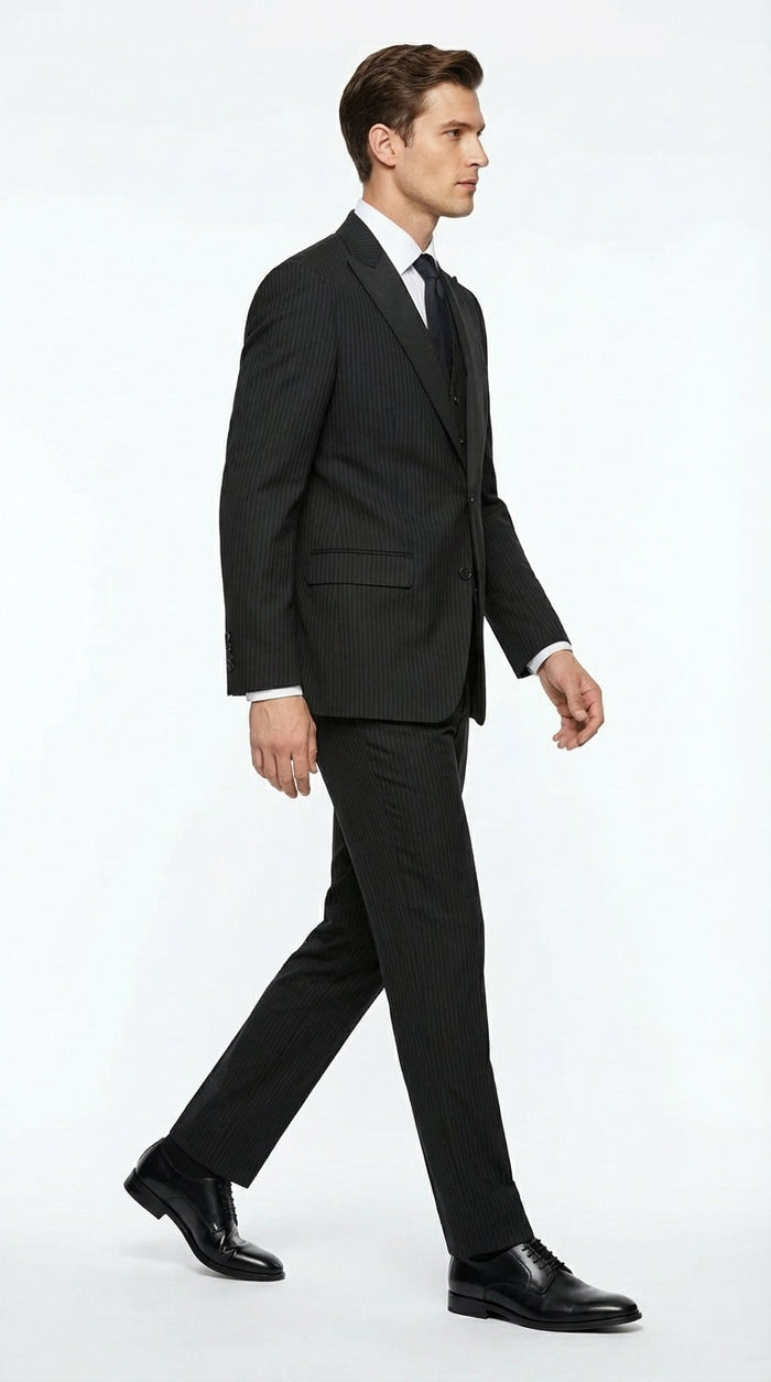 Vitali Mens Black Tone on Tone Shadow Stripe Vested Suit Set – 3 Piece Modern Fit Pinstripe Two Buttons