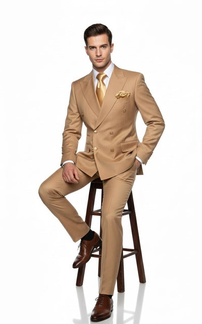 Mens Camel - Bronze - Goldish khaki Double-Breasted Suit – Luxury 2-Piece Formal Set with Gold Buttons and Peak Lapels by Rossi Man 4   - from alligatorwarehouse.com