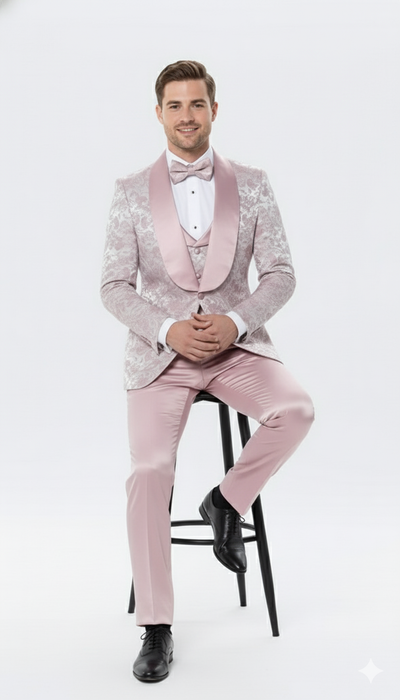 Men’s Light Pink Dusty Rose -  Floral Tuxedo Suit – Luxury Satin Shawl Lapel 3-Piece Formal Wedding and Prom Suit in Blush Mauve color 4   - from alligatorwarehouse.com