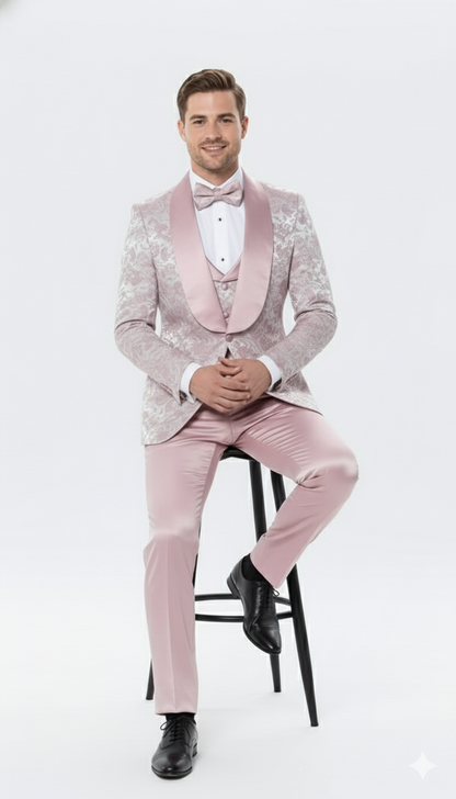 Men’s Light Pink Dusty Rose -  Floral Tuxedo Suit – Luxury Satin Shawl Lapel 3-Piece Formal Wedding and Prom Suit in Blush Mauve color