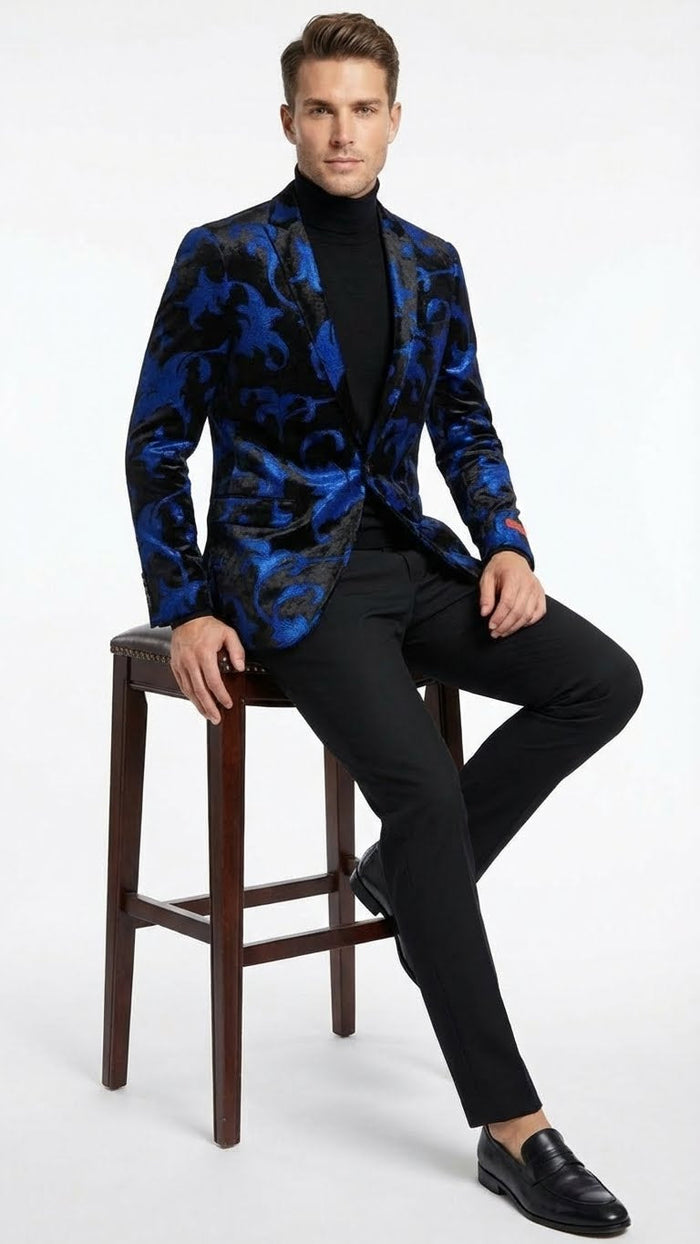 Men’s Black and Royal Blue Patterned Blazer – Paisley Floral Sport Coat Prom Jacket