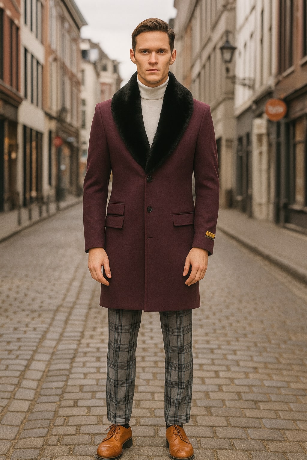 Mens Purple Wool Overcoat with Black Faux Fur Collar – Luxury Winter Dress Coat for Formal and Casual Wear