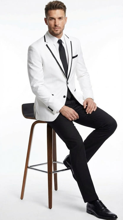 Men’s White Blazer with Black Trim | Wedding and Party Formal Blazer Jacket - White Tuxedo Prom Jacket