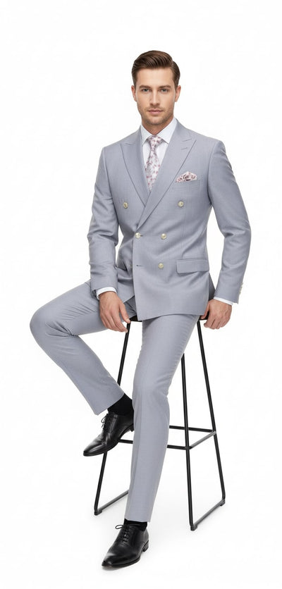 Mens Silver Grey Double-Breasted 3-Piece Suit – Classic Tailored Fit with Peak Lapel and Gold Buttons for Weddings, Church and Formal Events 4   - from alligatorwarehouse.com