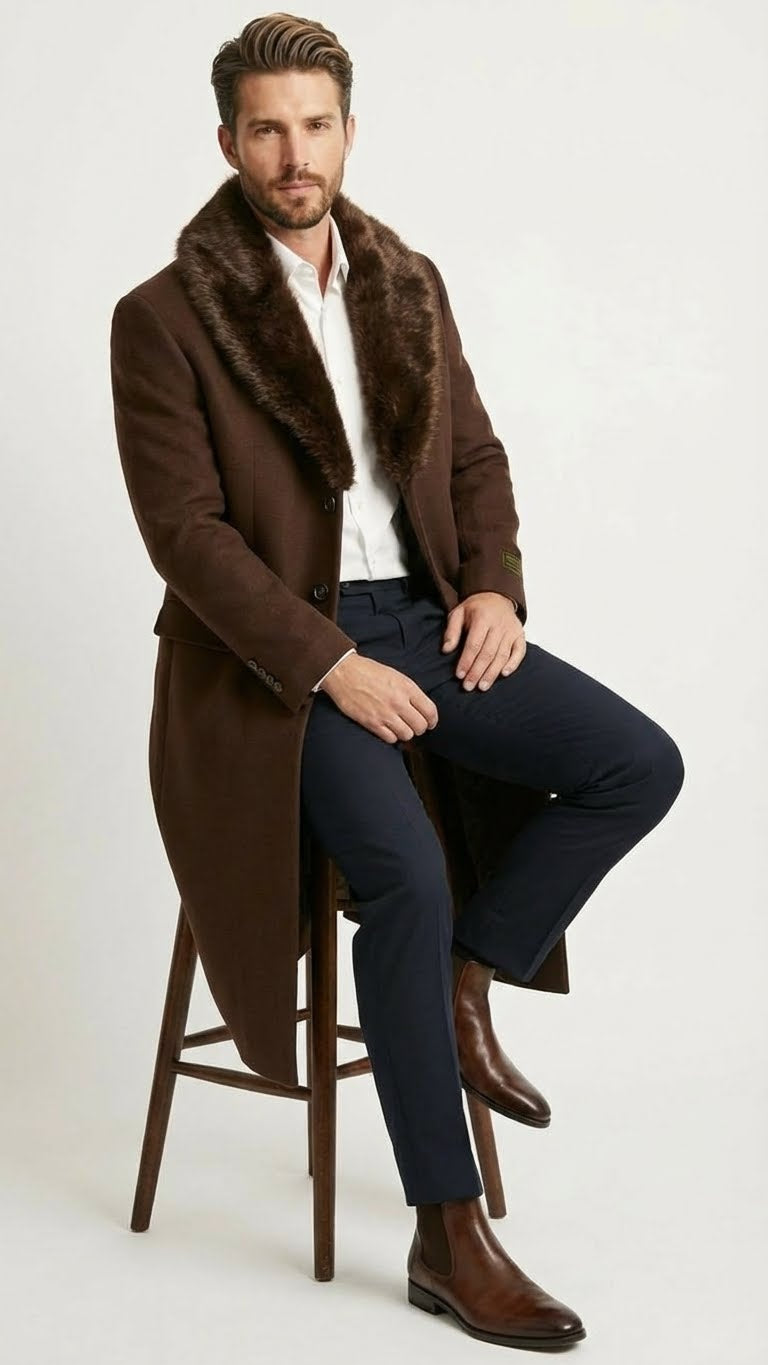 Men’s Brown Long Overcoat with Faux Fur Collar – Classic Winter Formal Coat Three Quarter Carcoat Wool and Cashmere Fabric