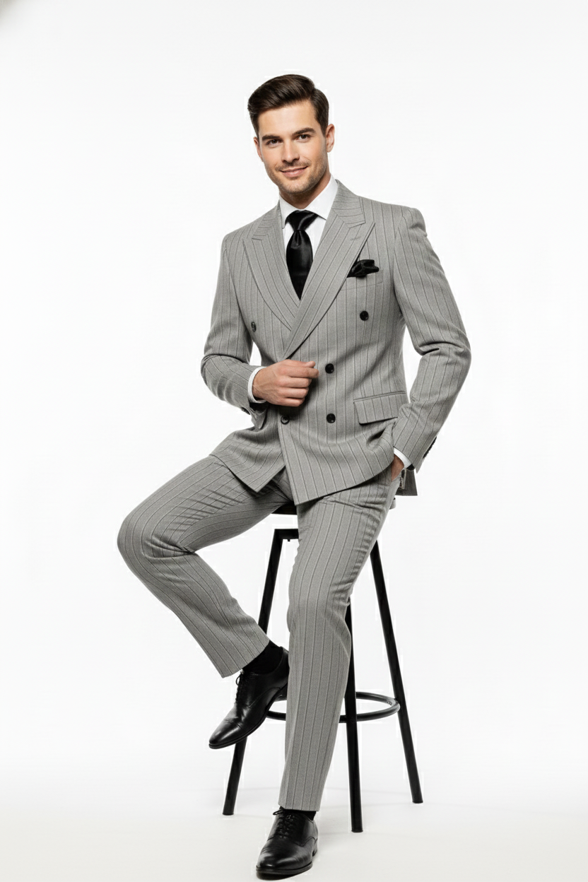 Men’s Grey and Black Pinstripe Double-Breasted Suit – 1920s Gangster Vintage Looking suit By Rossiman