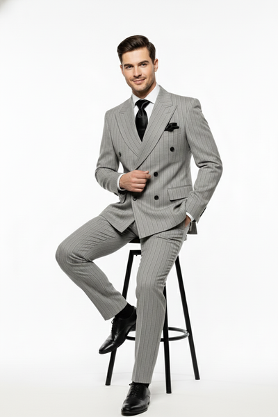 Men’s Grey and Black Pinstripe Double-Breasted Suit – 1920s Gangster Vintage Looking suit By Rossiman 4   - from alligatorwarehouse.com