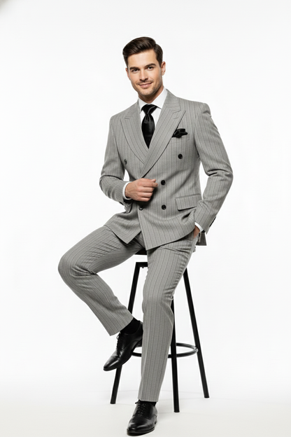Men’s Grey and Black Pinstripe Double-Breasted Suit – 1920s Gangster Vintage Looking suit By Rossiman
