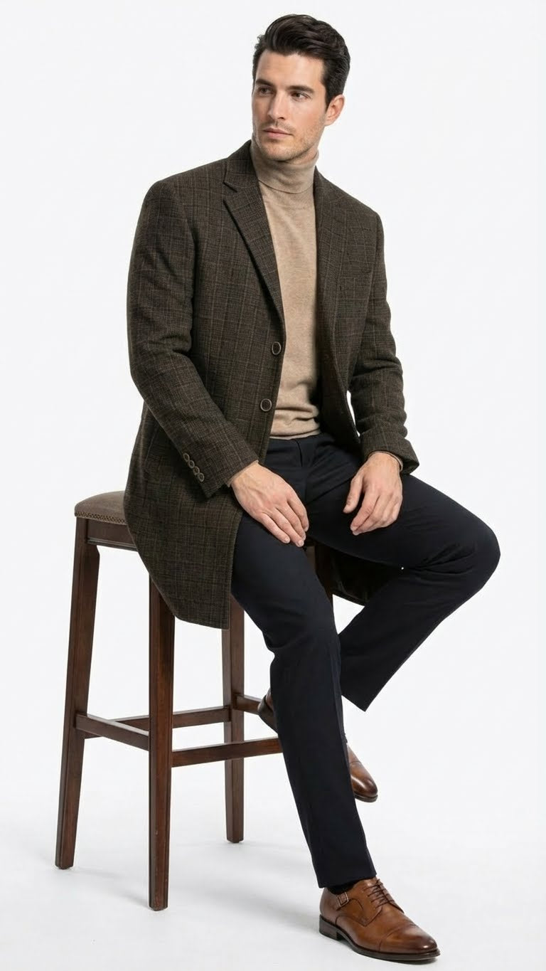 Men’s Brown Checkered Wool Overcoat – Long Winter Coat with Classic Plaid Pattern By Statement