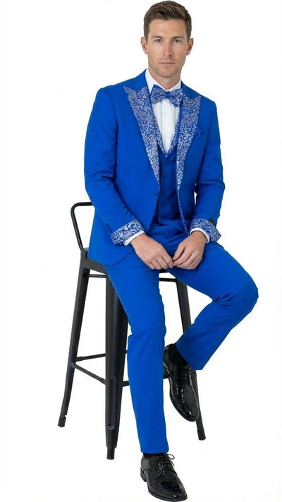 Men’s Bright Royal Blue and White lapel  Embellished Tuxedo Suit –  3-Piece Formal Wedding, Prom, and Gala Outfit 6   - from alligatorwarehouse.com