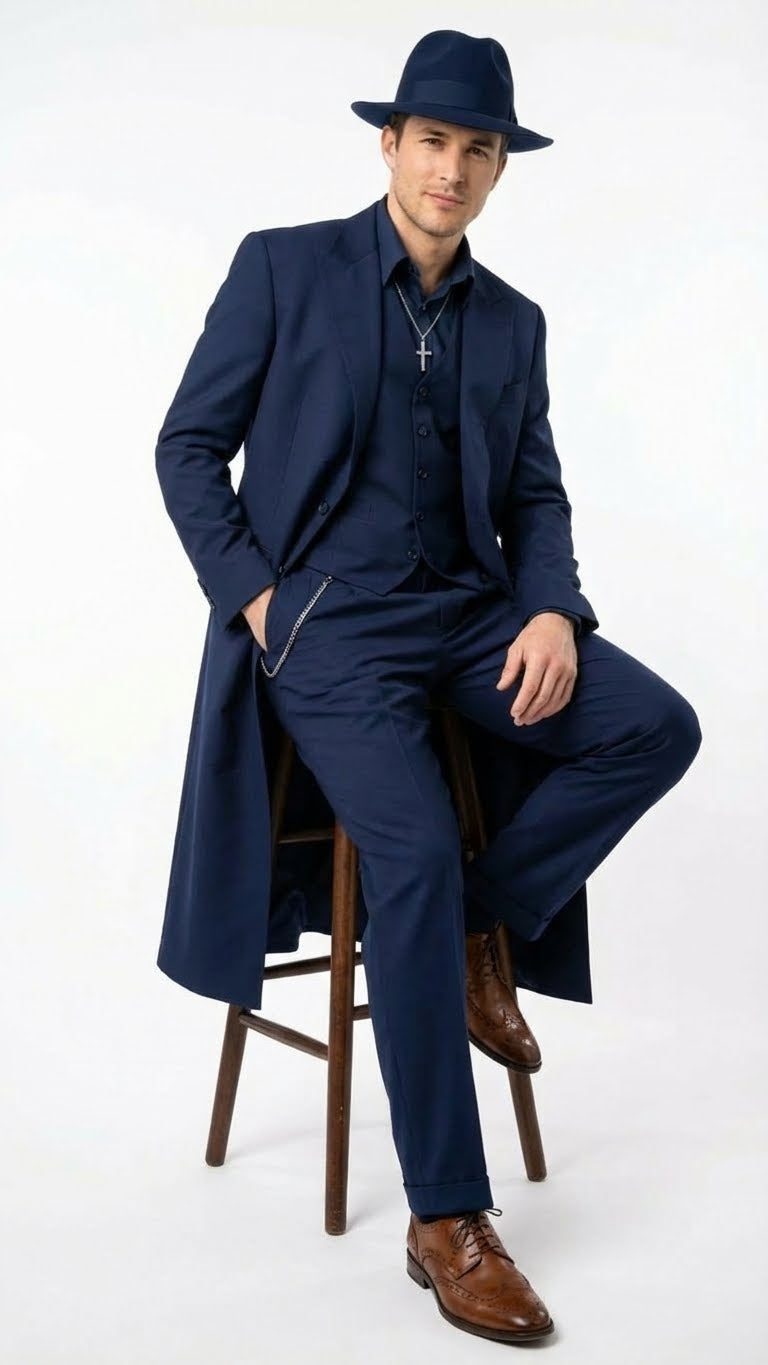 Men’s Navy Blue 1920s Zoot Suit – Long Mafia Gangster Three-Piece Vintage Costume Set Zuit Pachuco Style
