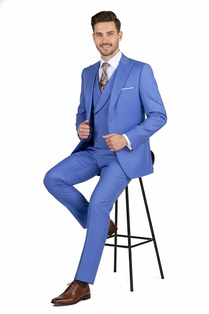 Men’s Light Blue Double-Breasted 3-Piece Suit Set – Tailored Fit Formal Business Suit in Steel Blue Sky Blue Color
