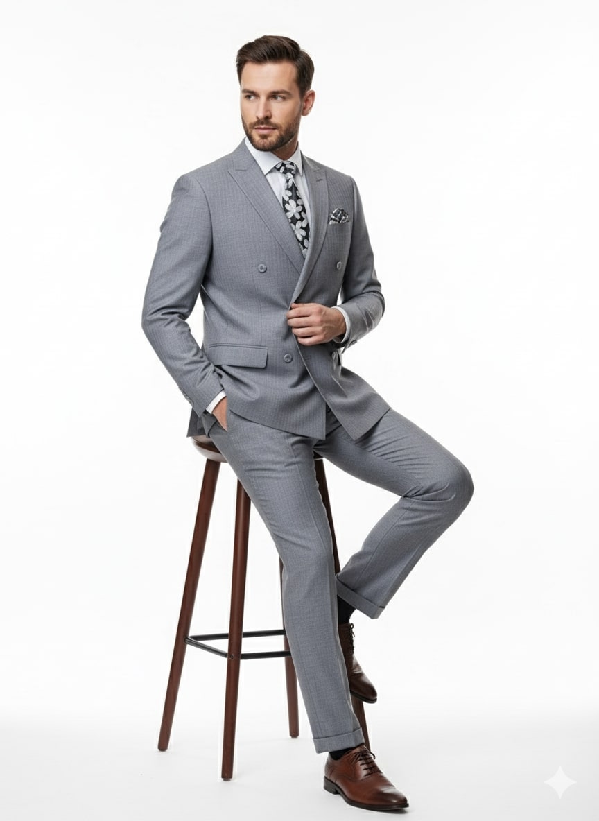 Mens Grey Tone on Tone Double-Breasted Suit – Classic Slim Fit 2 Piece Formal Business Gray Shadow Stripe