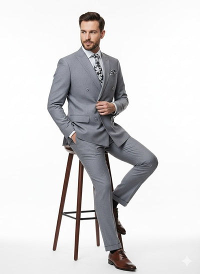 Mens Grey Tone on Tone Double-Breasted Suit – Classic Slim Fit 2 Piece Formal Business Gray Shadow Stripe 4   - from alligatorwarehouse.com