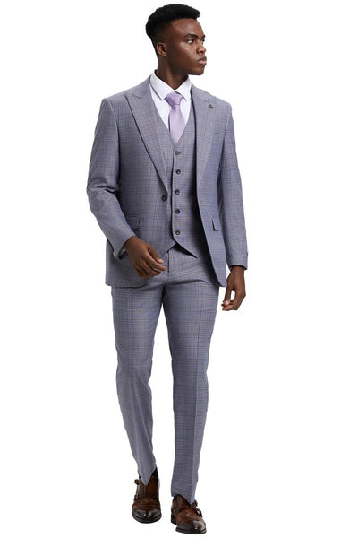Men's Stacy Adams Vested One Button Wide Peak Lapel Windowpane Plaid Suit in Light Grey 3 SM161H1-62-38R  - from alligatorwarehouse.com