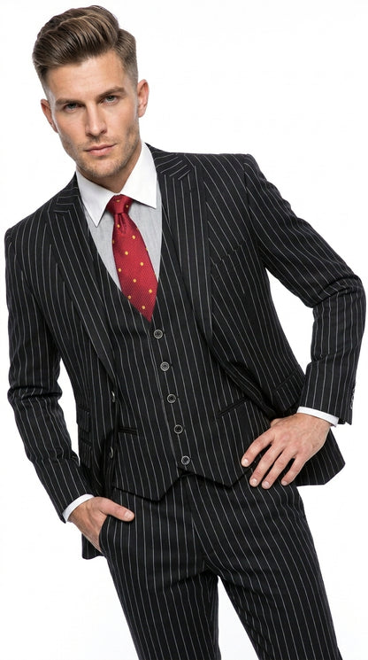Men’s Black Skeleton Bone Pinstripe 3 Piece Suit – Gangster Style Striped Suit with Vest