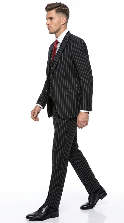 Men’s Gomez Addams Black Pinstripe 3 Piece Suit – Vintage Gangster Gothic Style Suit
