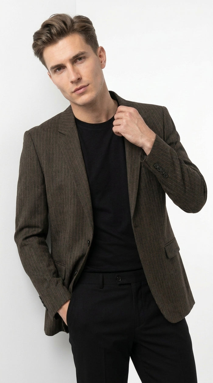 Men’s Vintage Dark Brown Pinstripe Blazer – Classic Retro Sport Coat Outfit