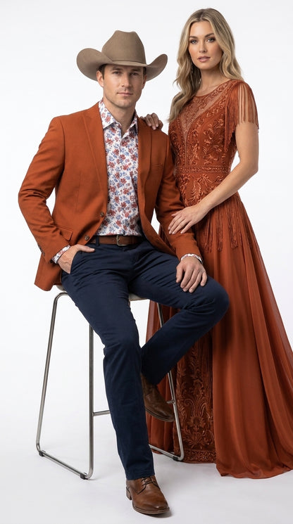 Men’s Rust Cowboy Western Blazer – Copper Brick  Color Two Button Sport Coat Peak Lapel Modern Fit