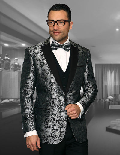 Mens Vested One Button Peak Lapel Shiny Floral Tuxedo in Black 1 BELLAGIO-4_BLACK_34S  - from alligatorwarehouse.com