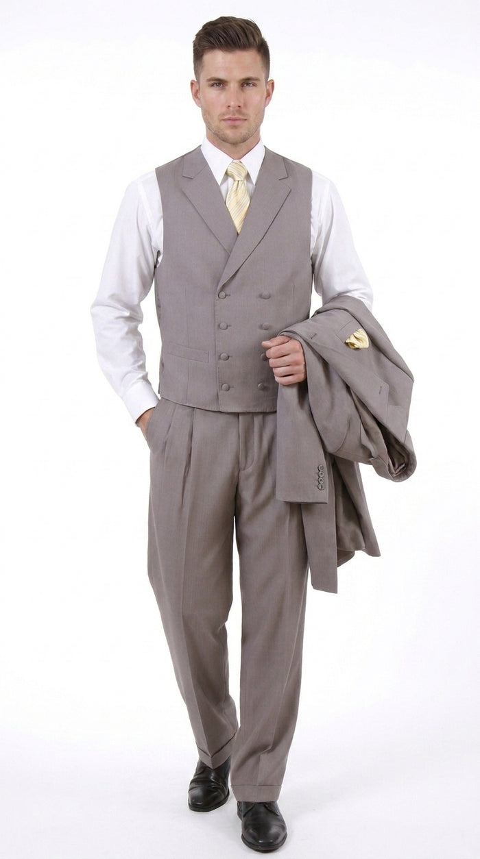 Men’s Light Kahki Sand 3-Piece Suit – Six-Button Jacket with Double-Breasted Vest and Pleated Pants Tan color