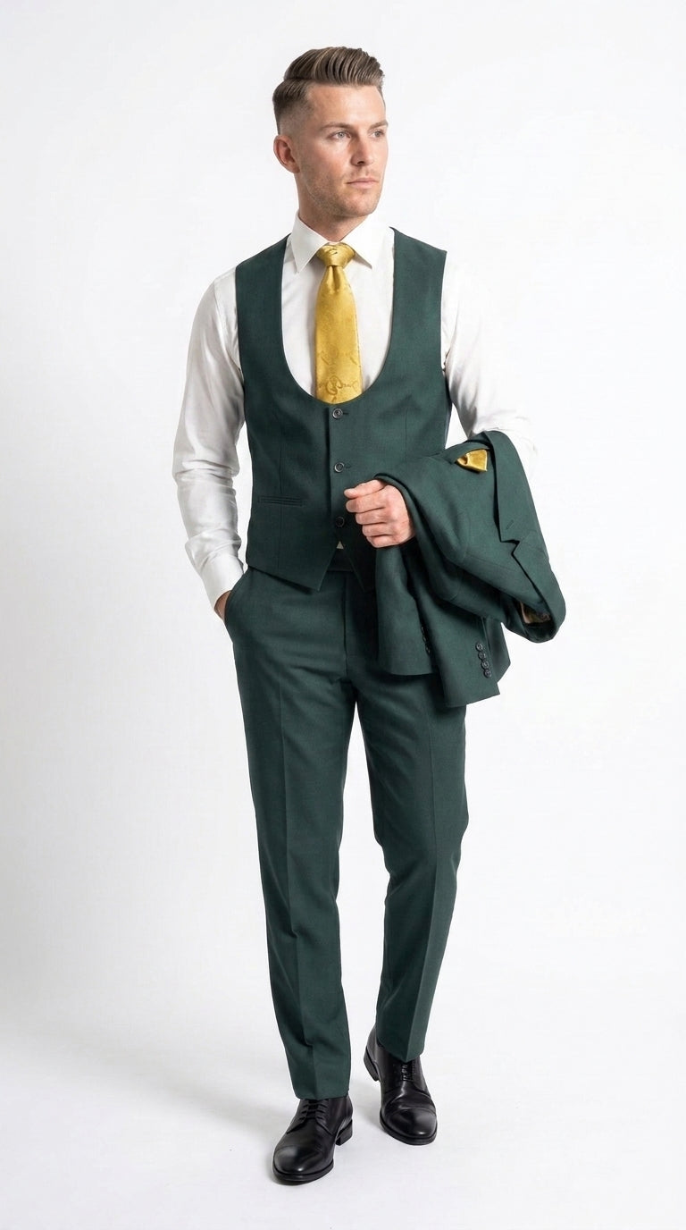 Mens Vitali 3 Piece Suit W/Scoop Vest Hunter Green 3-Piece Suit –, Big Peak Lapel  Vest and Pants  Modern Fit Two Buttons