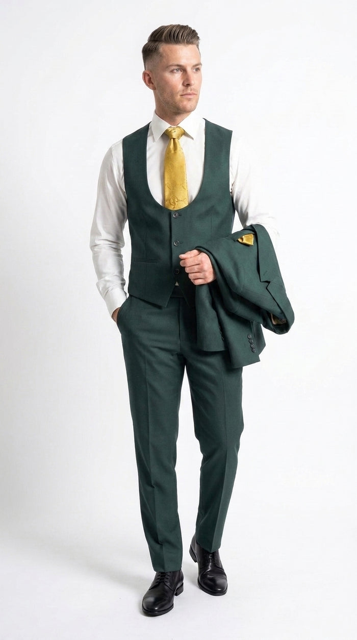 Mens Vitali 3 Piece Suit W/Scoop Vest Hunter Green 3-Piece Suit –, Big Peak Lapel  Vest and Pants  Modern Fit Two Buttons