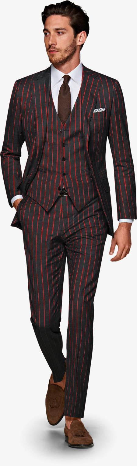 Mens 2 Button Vested 3 Piece Gangster Bold Pinstripe Suit in Burgundy 10 NO-8532  - from alligatorwarehouse.com