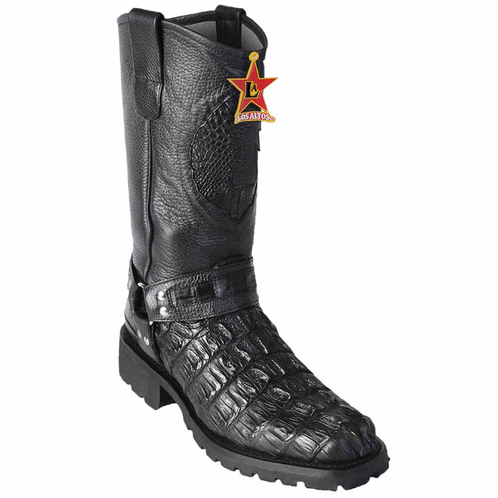 Men’s Los Altos Black and Burgundy Caiman Tail Skin Biker Boots, Exotic Western Motorcycle Boots