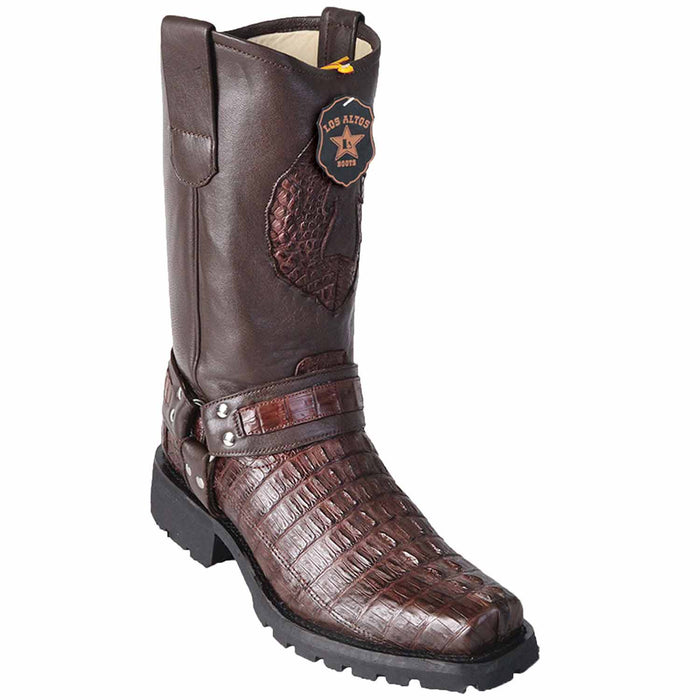 Men’s Los Altos Black and Burgundy Caiman Tail Skin Biker Boots, Exotic Western Motorcycle Boots
