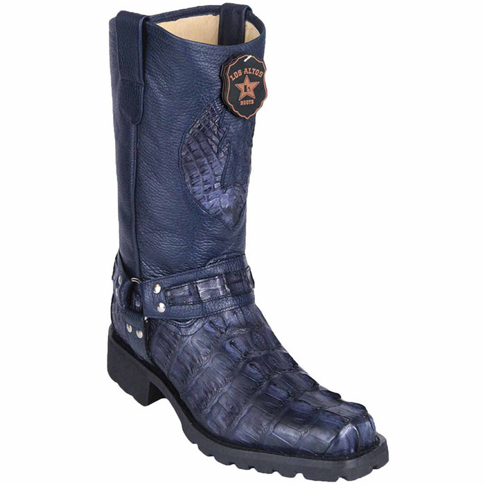 Men’s Los Altos Black and Burgundy Caiman Tail Skin Biker Boots, Exotic Western Motorcycle Boots