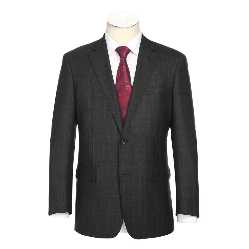 Black Regular Fit Wool Blend Windowpane 2 Piece Suit