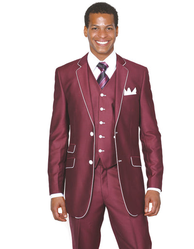 Mens 2 Button Vested Trim Tuxedo in Burgundy 1 1C-5049  - from alligatorwarehouse.com