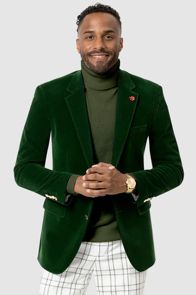 Mens Two Button Modern Fit Velvet Blazer in Hunter Green 1 J134-Green-34  - from alligatorwarehouse.com