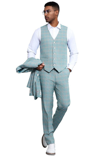 Men's Stacy Adams Vested Peak Lapel Light Turquoise Green Plaid Prom & Wedding Suit 5 SM182H1-01-38R  - from alligatorwarehouse.com