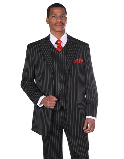 Mens 3 Button Notch Lapel Bold Pinstripe Gangster Length Black Suit 1 A5-5557  - from alligatorwarehouse.com