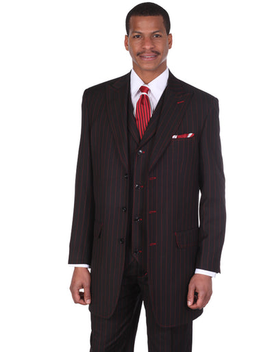 Mens 3 Button Peak Lapel Bold Pinstripe Gangster Suit in Black & Red 1 KP-5162  - from alligatorwarehouse.com